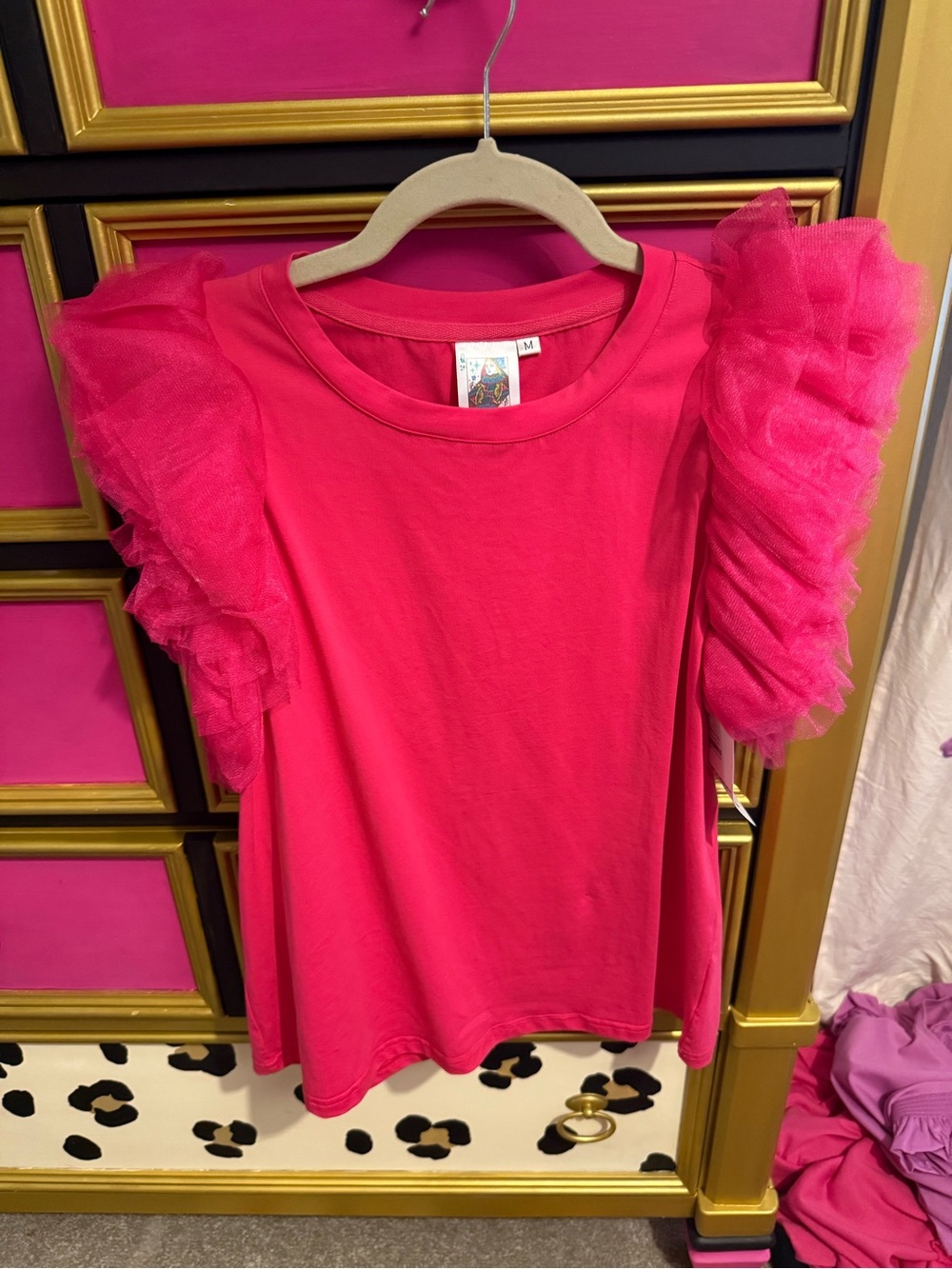 Womens Hot Pink Ruffle Sleeve Tee - queen of sparkles
